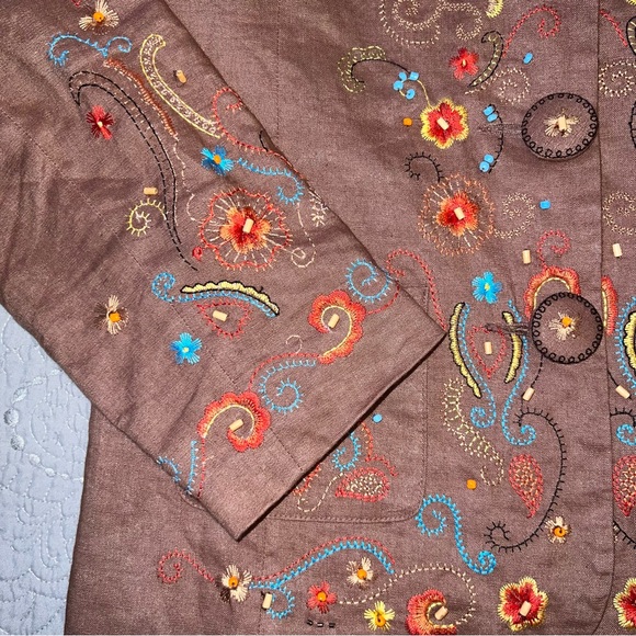 Silk Land Linen Beaded Embroidered Blazer Jacket size 6 Brown - Picture 4 of 11
